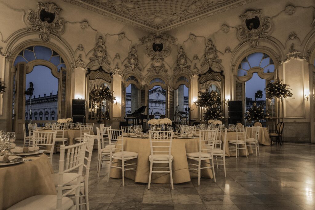 View of the Grand Theater of Havana hall with decorated tables at the Havana Club 1519 event