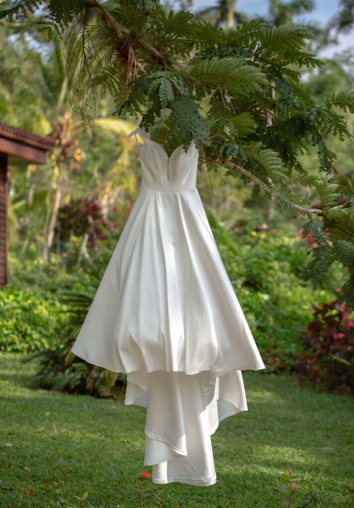 Vestido de novia blanco colgado en un árbol en Viñales