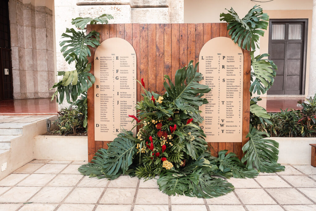 Custom seating chart with tropical flowers, a wedding decor idea from Cuba